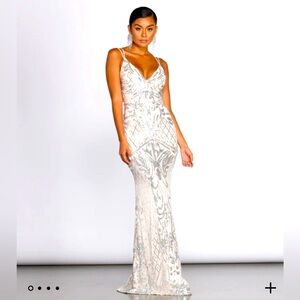 Ginger Sequin Mesh Strappy Gown, Silver, Size S